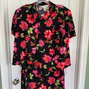 Dress Barn Black Asymmetrical Floral Dress - Pink & Red Flowers